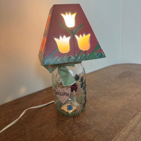 Hand Crafted mason jar lamp floral WELCOME Tulip cutout on shade WORKS - Picture 2 of 9